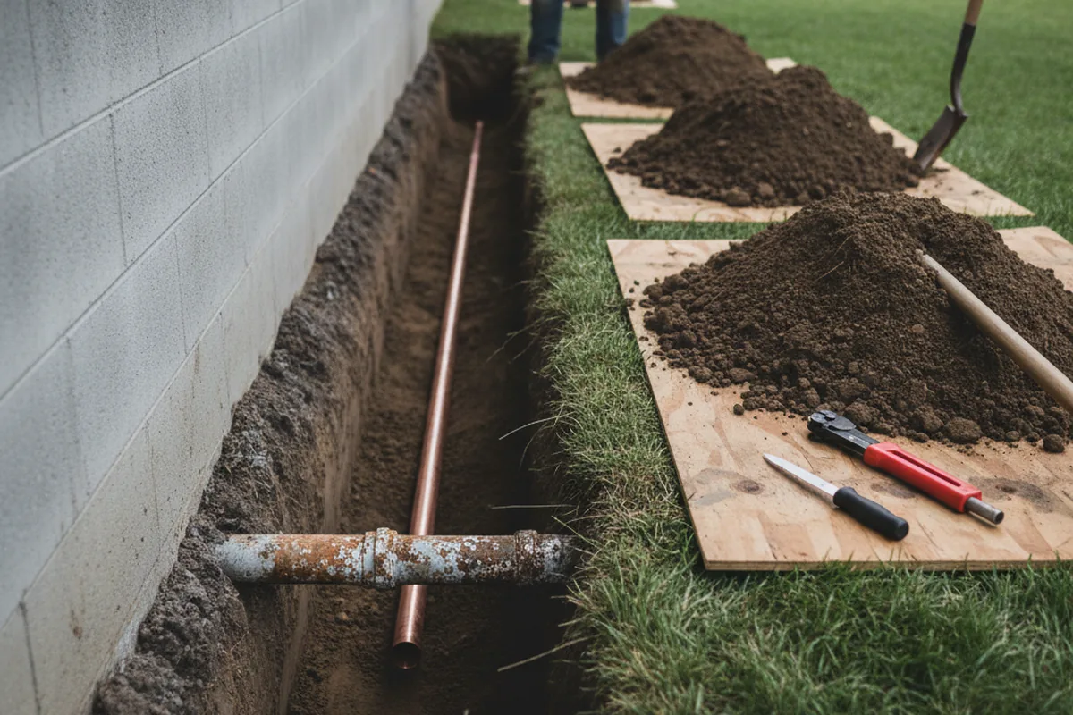 Excavated water line trench during Water Heater Repair in La Puente